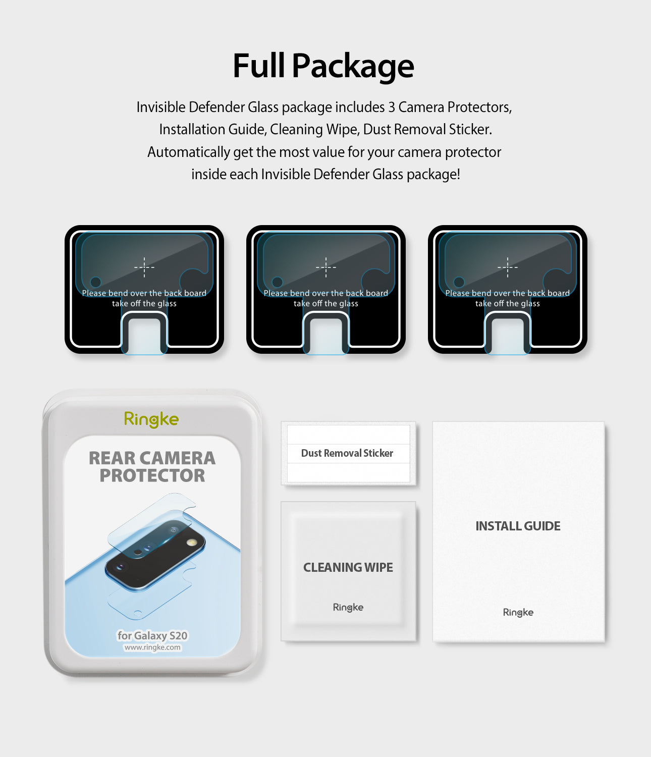 full package include 3 camera lens protectors, one cleaning wipe, one dust removal sticker, and installation guide