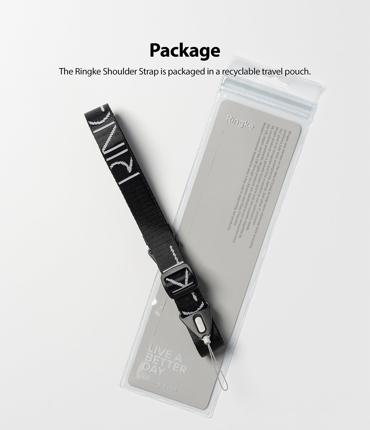 Shoulder Strap | Lettering - Black shoulder strap with white Ringke logo text resting on a clear, branded product pouch.