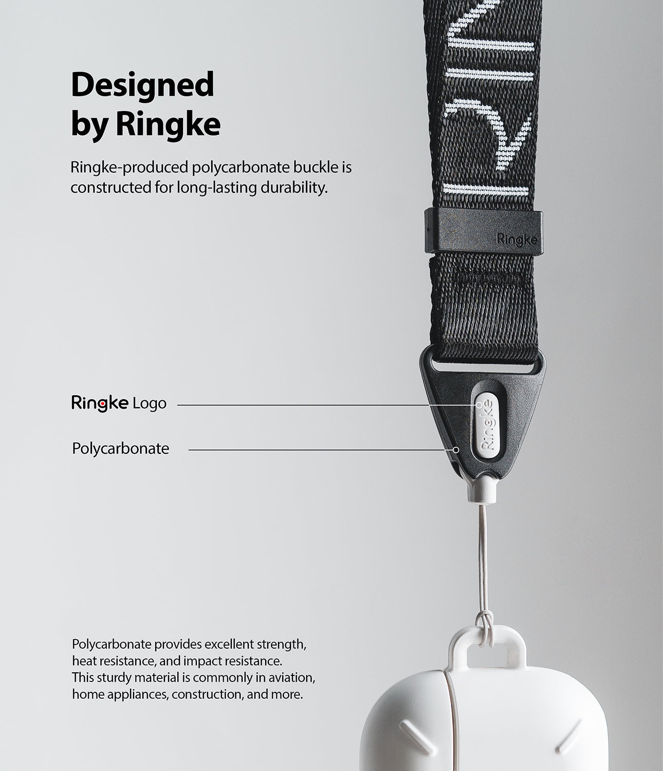 Shoulder Strap | Lettering - Close-up of a black Ringke shoulder strap with a durable polycarbonate buckle and branded lettering.