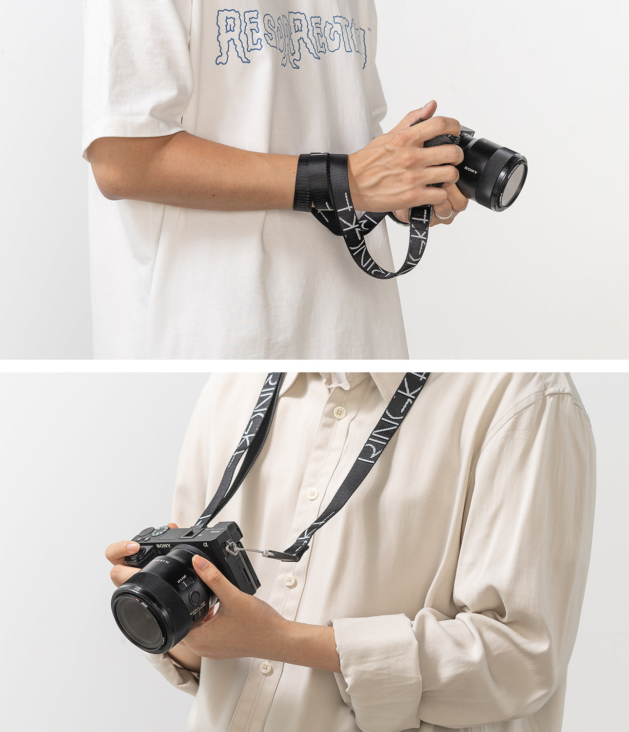 Shoulder Strap | Lettering - Person wearing a black camera strap with white Ringke branding around their wrist and neck.