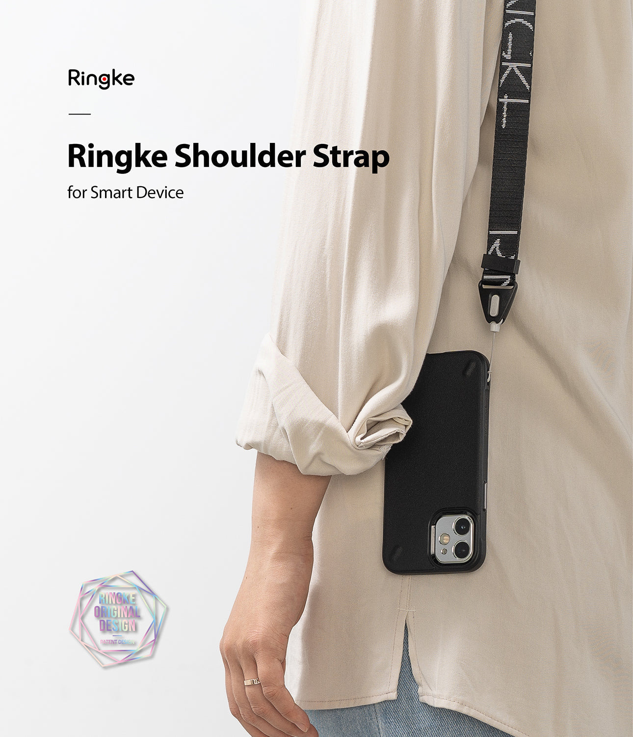 Shoulder Strap | Lettering - Person wearing a black phone case on a branded black shoulder strap with white lettering.