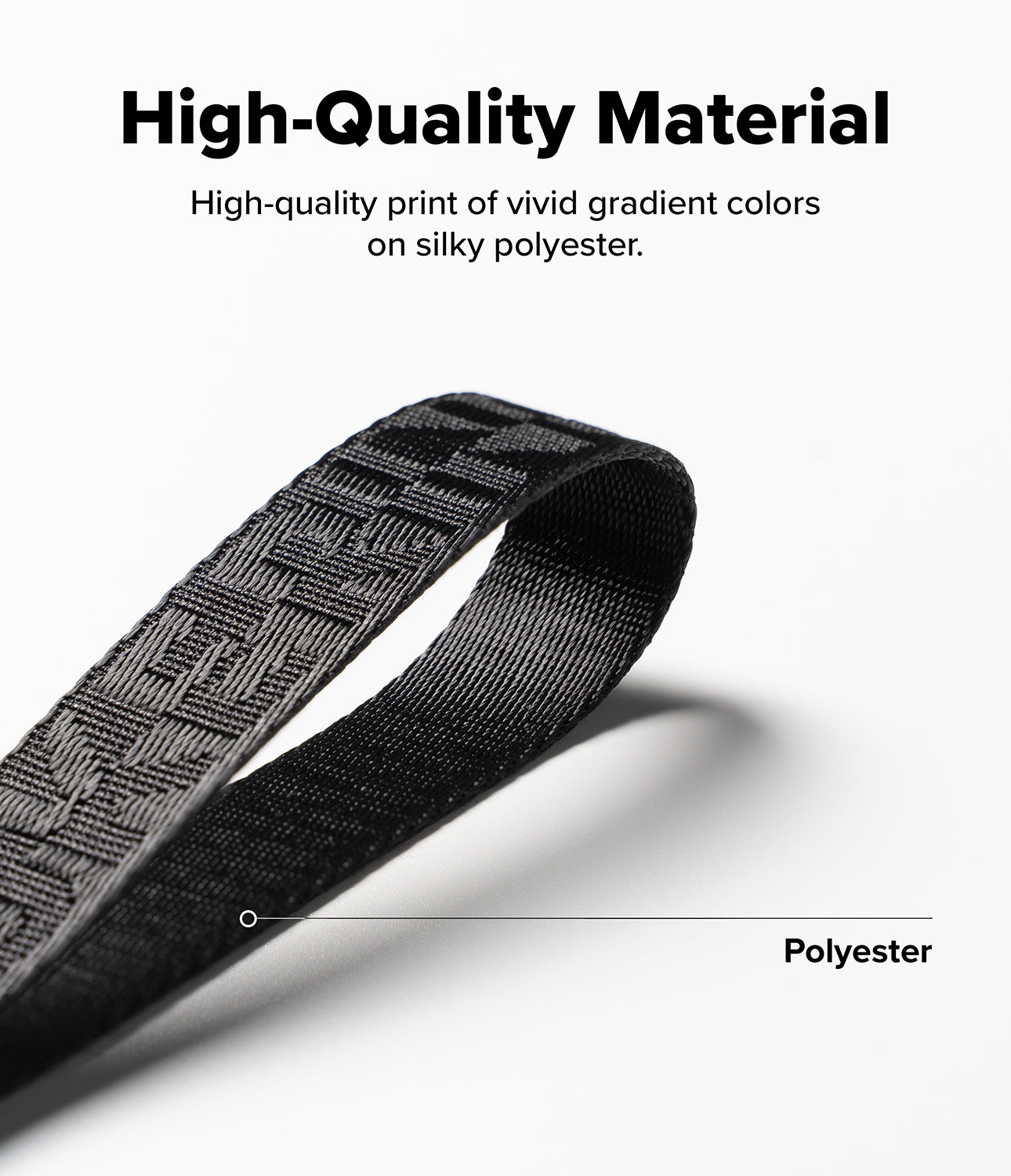 Shoulder Strap | Lettering - Close-up of a black polyester strap with woven lettering, labeled as high-quality material.