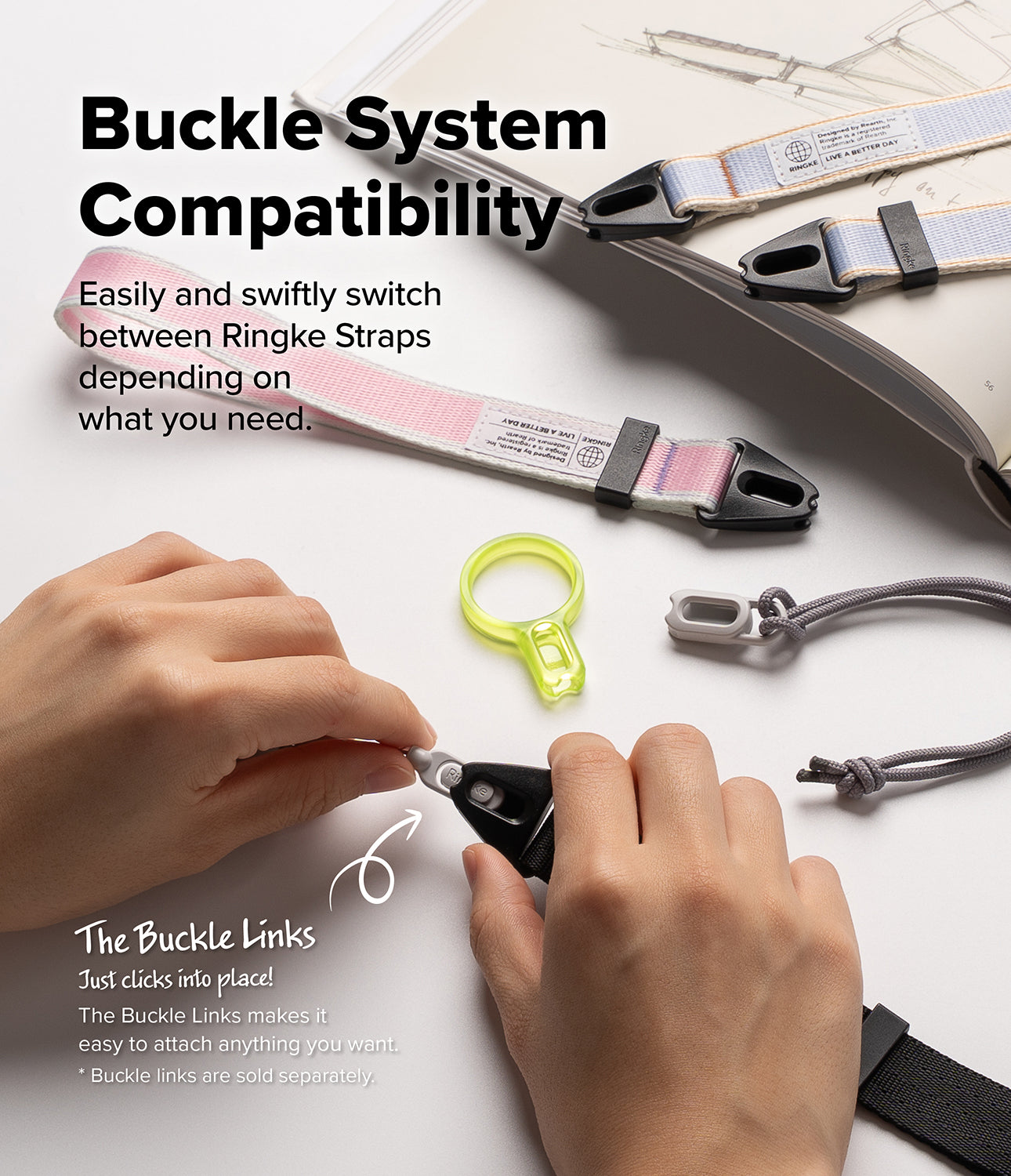 Shoulder Strap | Lettering - Hands clicking a buckle link into a Ringke strap, with various colorful straps and accessories nearby.