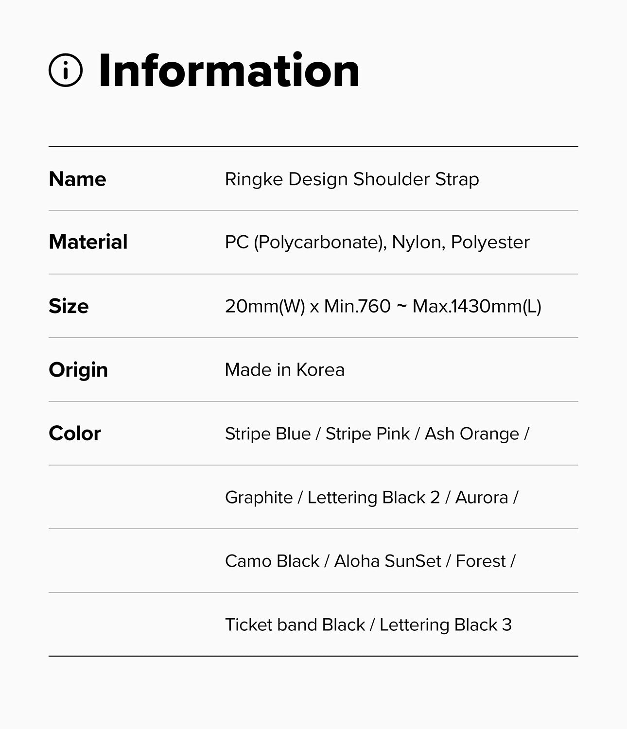 Shoulder Strap | Lettering - Information table listing product name, material, size, origin, and color options for Ringke shoulder straps.