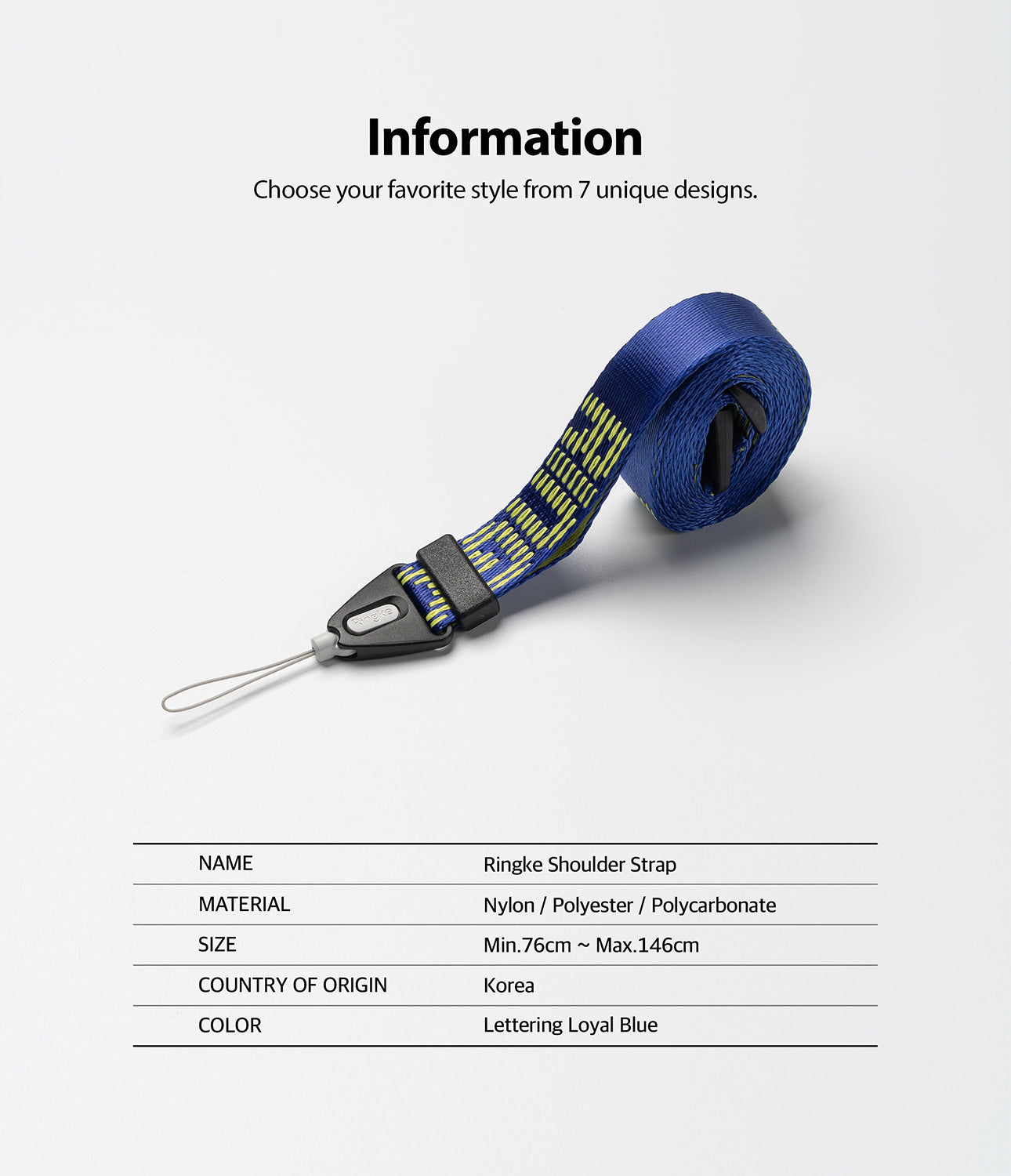 Shoulder Strap | Lettering - Blue nylon strap with yellow lettering, black plastic hardware, and a thin loop attachment.