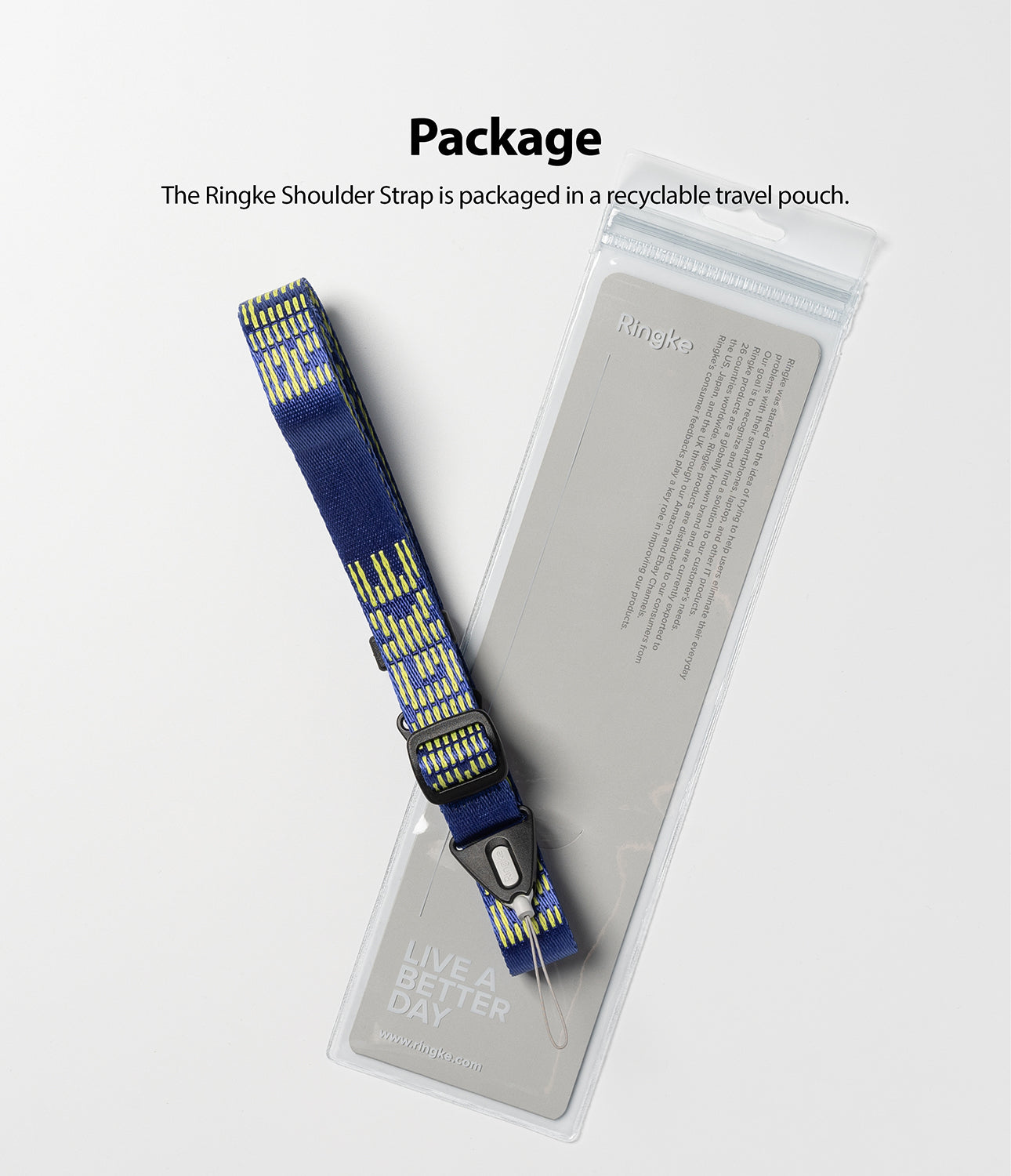 Shoulder Strap | Lettering - Blue shoulder strap with yellow lettering resting on a clear, branded product pouch.