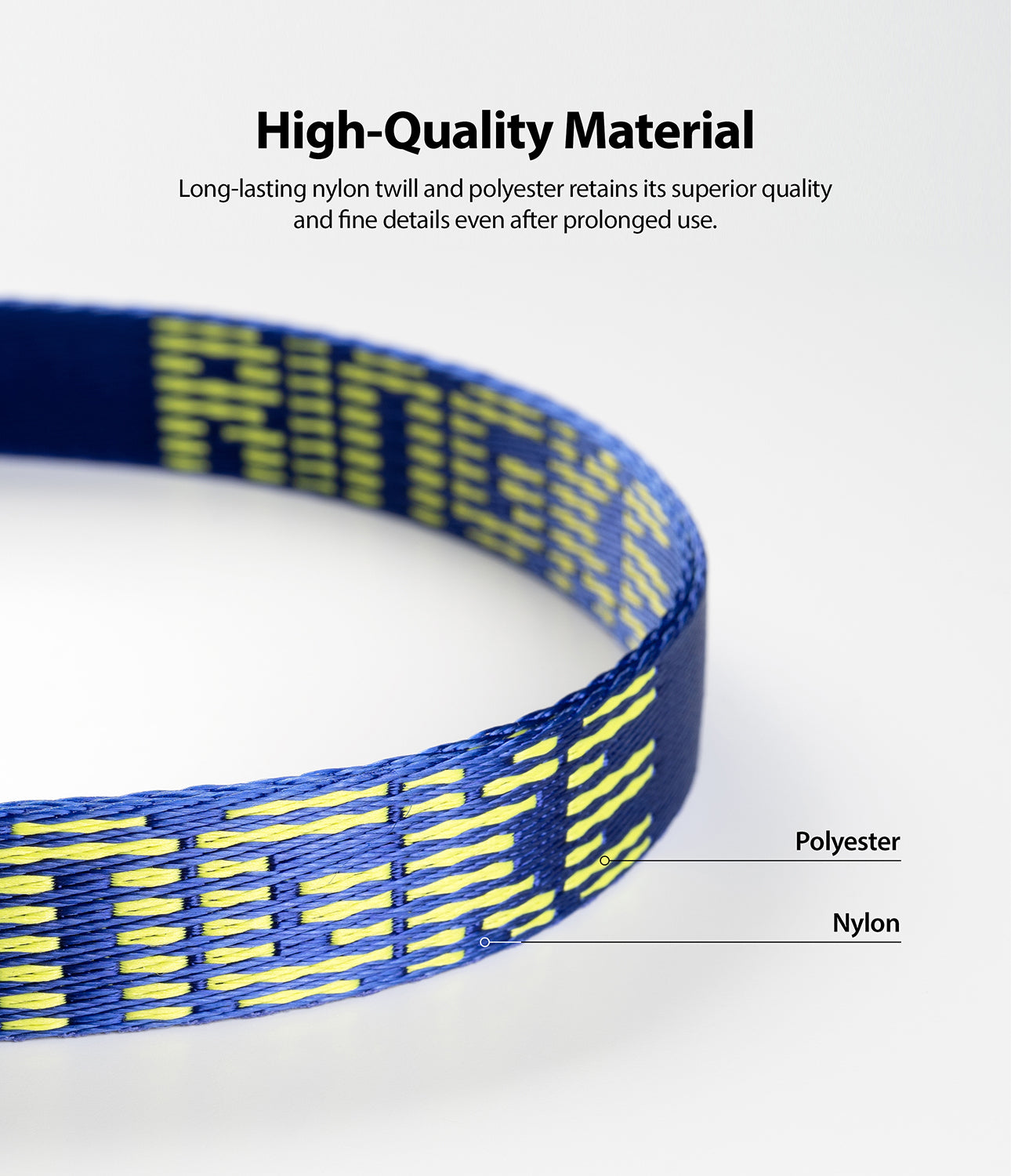 Shoulder Strap | Lettering - Blue nylon and polyester strap with yellow woven lettering, labeled to show material composition.