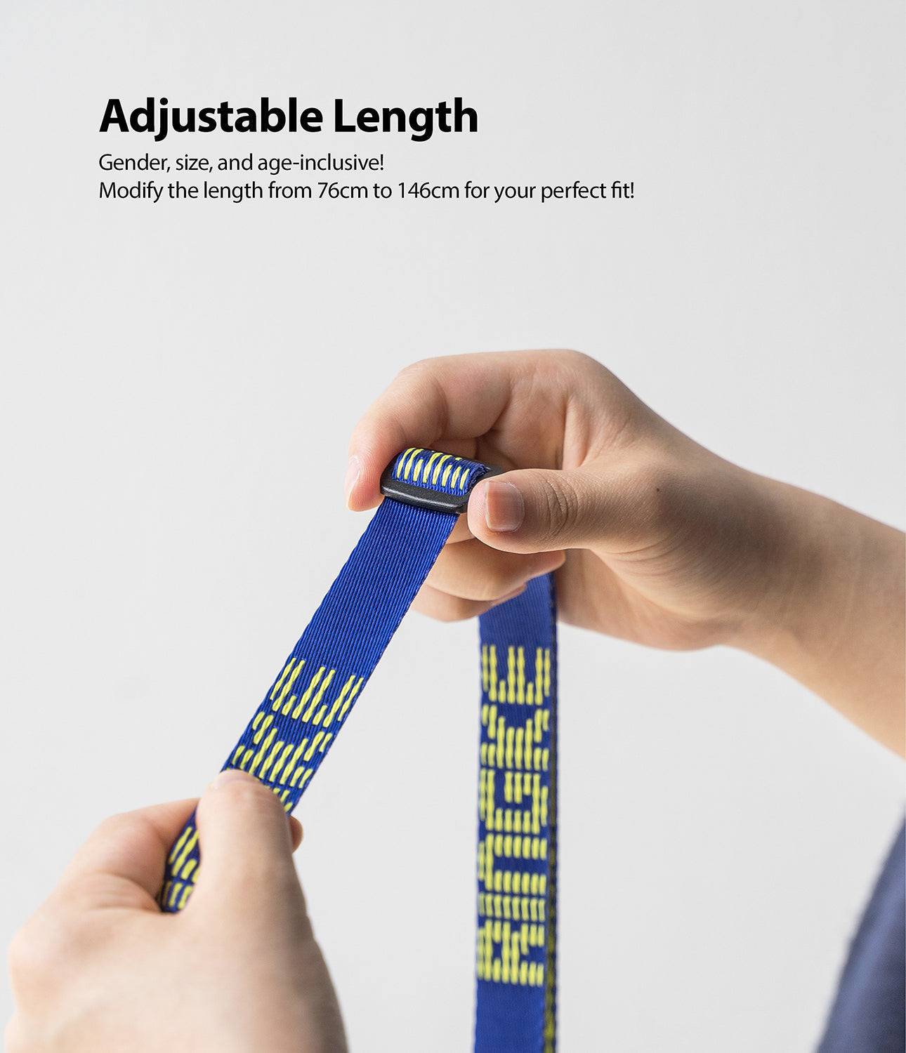 Shoulder Strap | Lettering - Hands adjusting the length of a blue strap with yellow Ringke lettering and a black buckle.