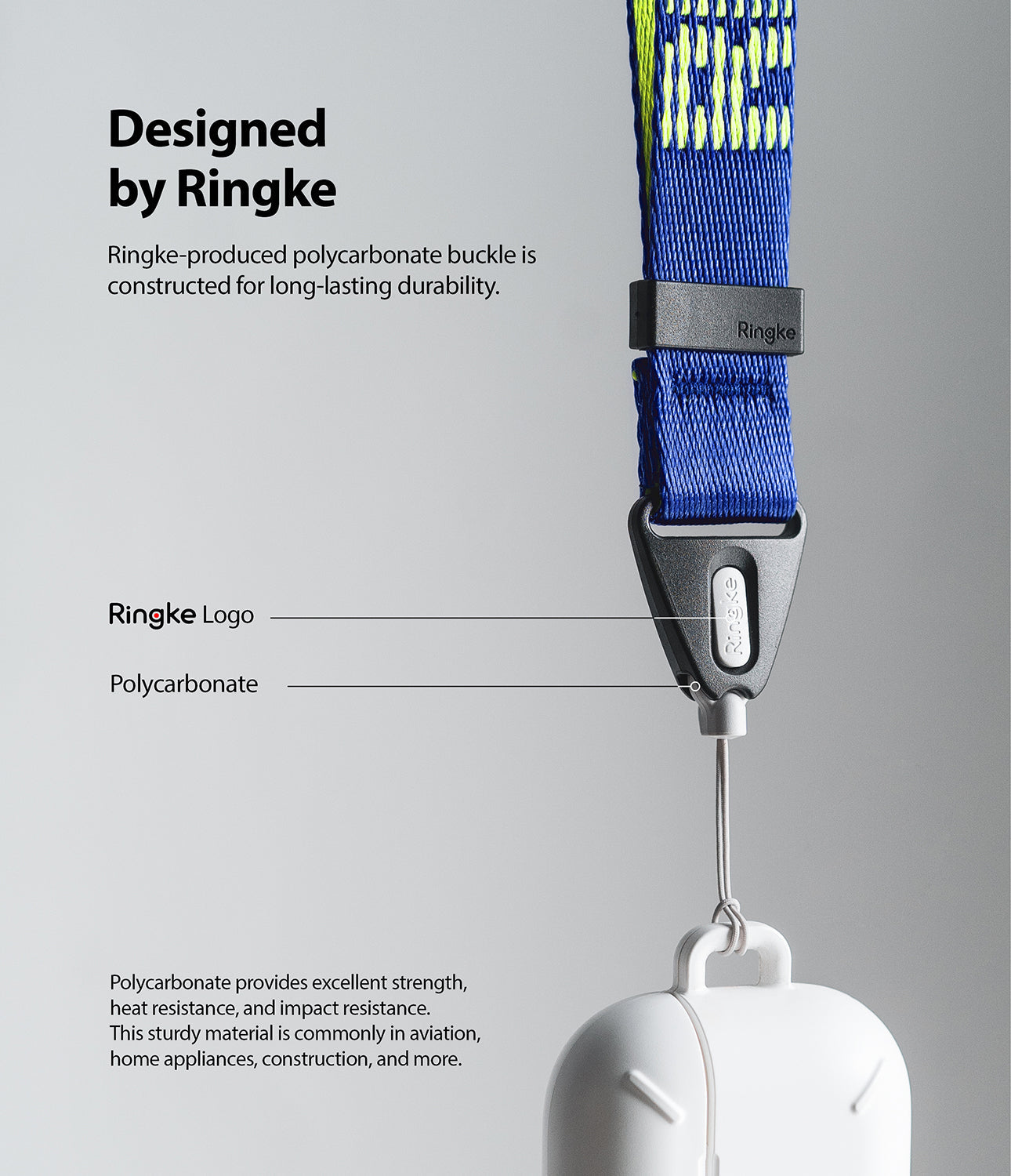 Shoulder Strap | Lettering - Blue strap with Ringke logo buckle and white case attachment, highlighting durable polycarbonate material.