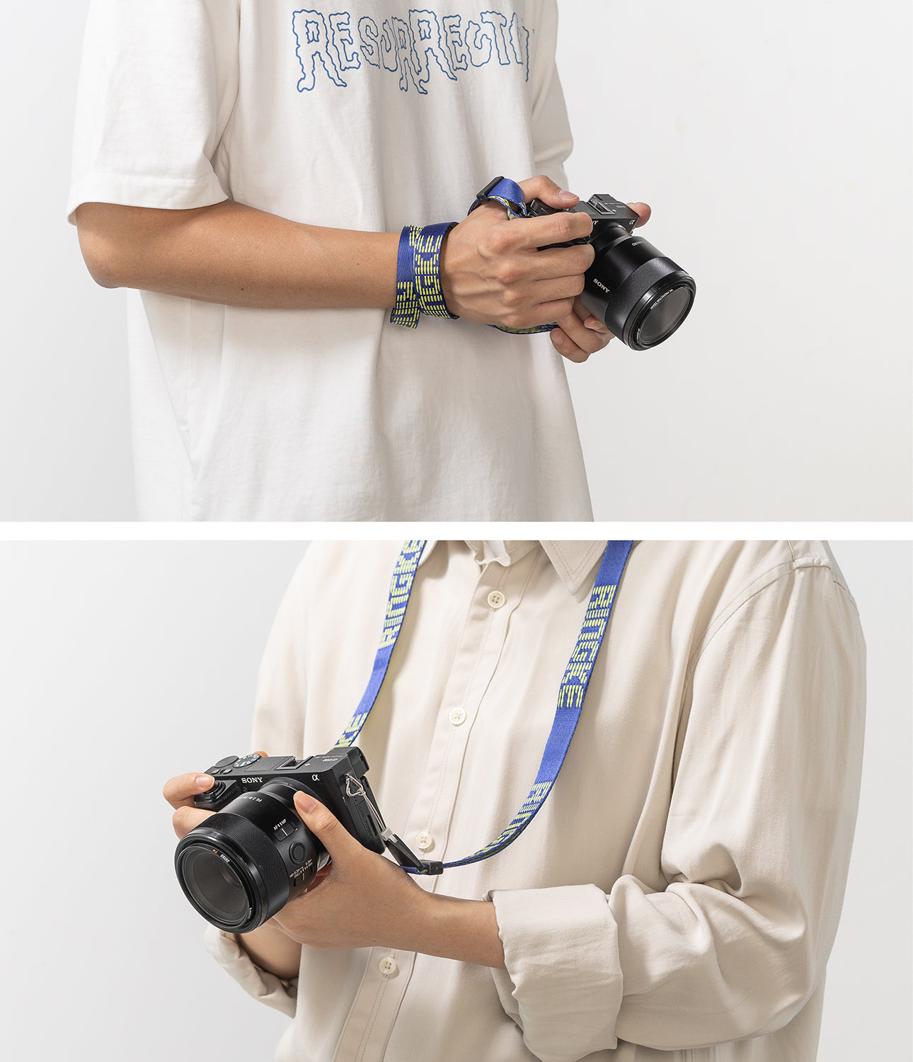 Shoulder Strap | Lettering - Blue camera strap with yellow lettering worn as a wrist loop and a neck strap on a mirrorless camera.