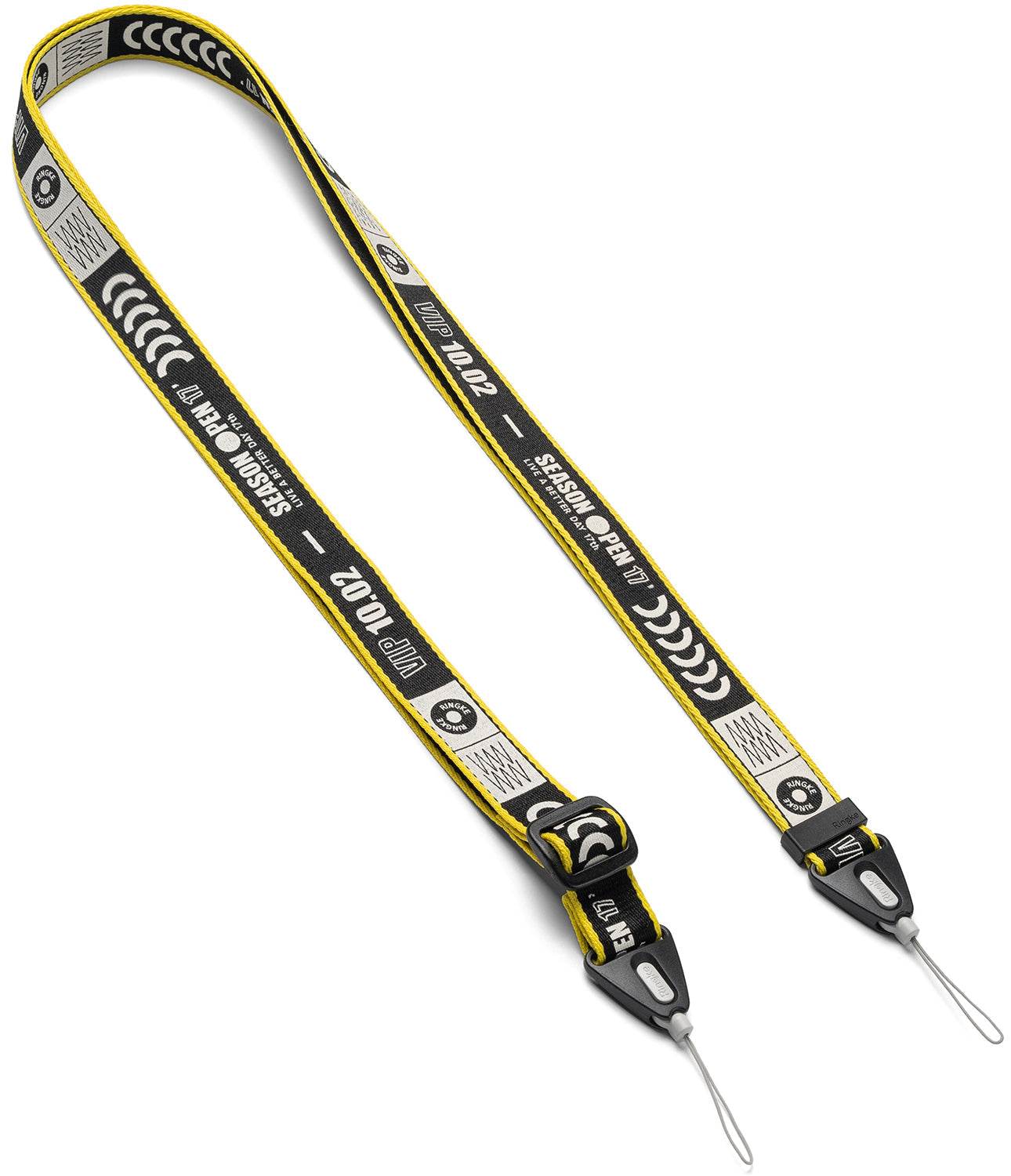 Shoulder Strap | Lettering - Black and yellow fabric strap with white "SEASON OPEN 17" and "VIP 10.02" text, featuring two attachment loops.