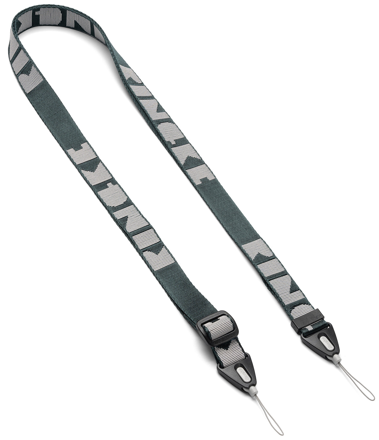 Shoulder Strap | Lettering - Dark gray fabric strap with repeating white Ringke logo and adjustable black plastic clips.