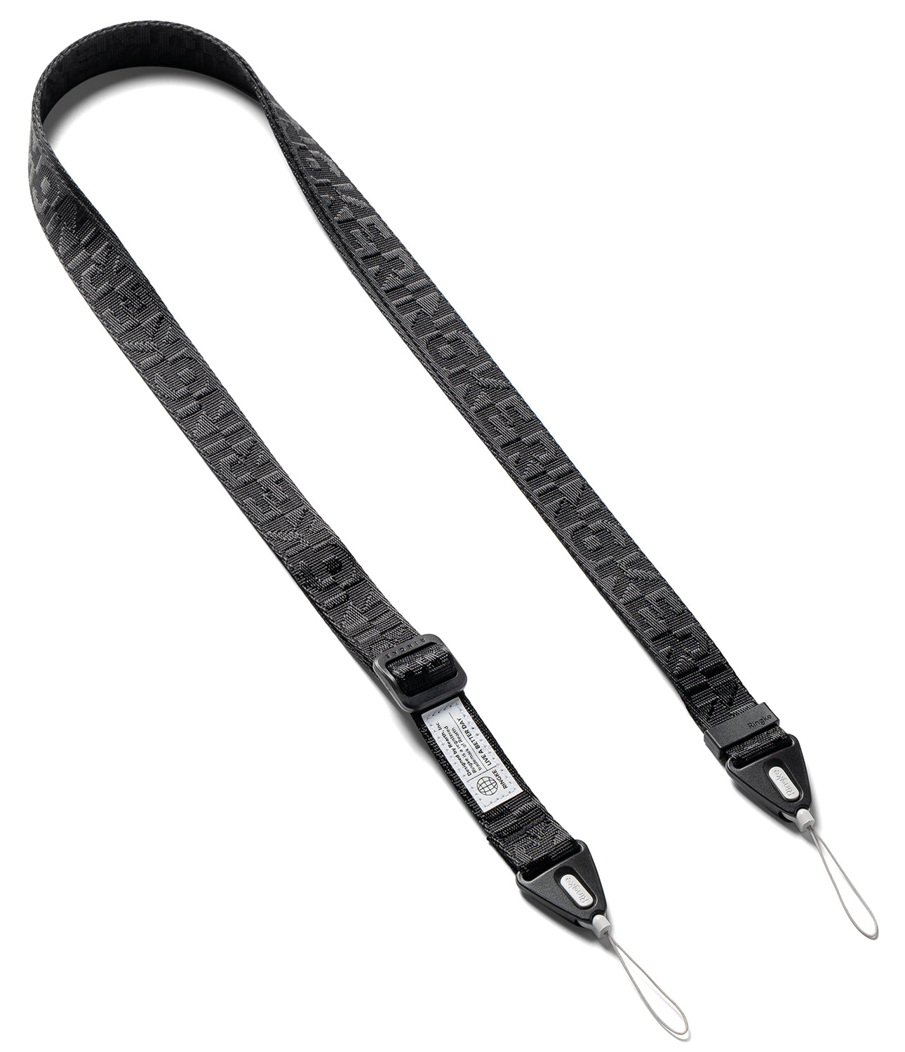 Shoulder Strap | Lettering - Black woven strap with repeating Ringke logo, adjustable buckle, and two thin cord loops.