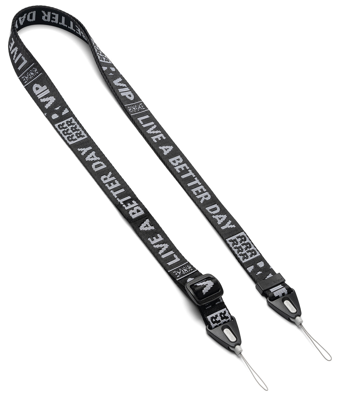 Shoulder Strap | Lettering - Black fabric strap with white text reading LIVE A BETTER DAY and Ringke branding, featuring adjustable clips.