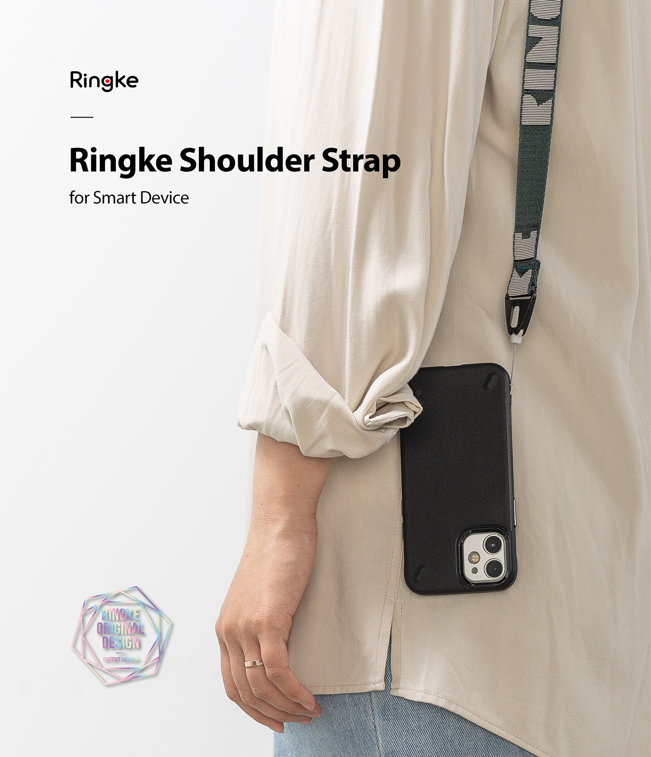Shoulder Strap | Lettering - Person wearing a dark green Ringke shoulder strap with white lettering attached to a black phone case.