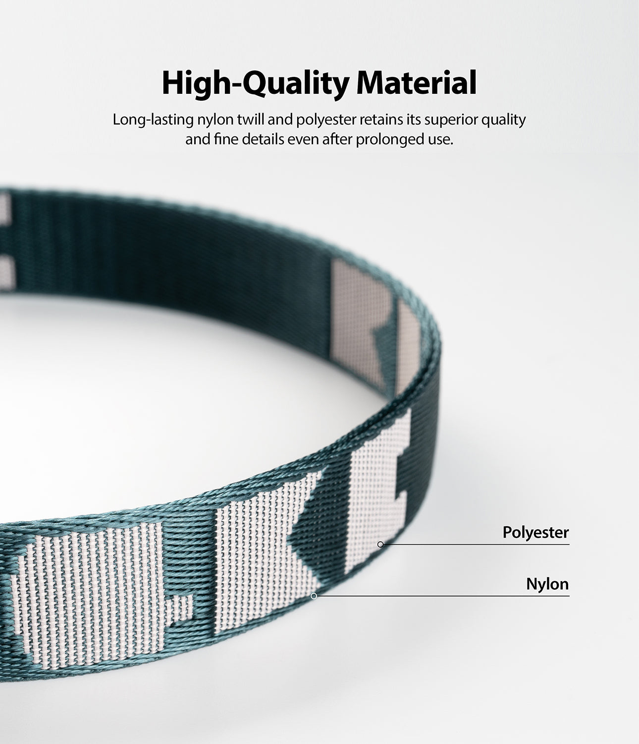 Shoulder Strap | Lettering - Close-up of a green strap with white lettering, highlighting the nylon and polyester weave.