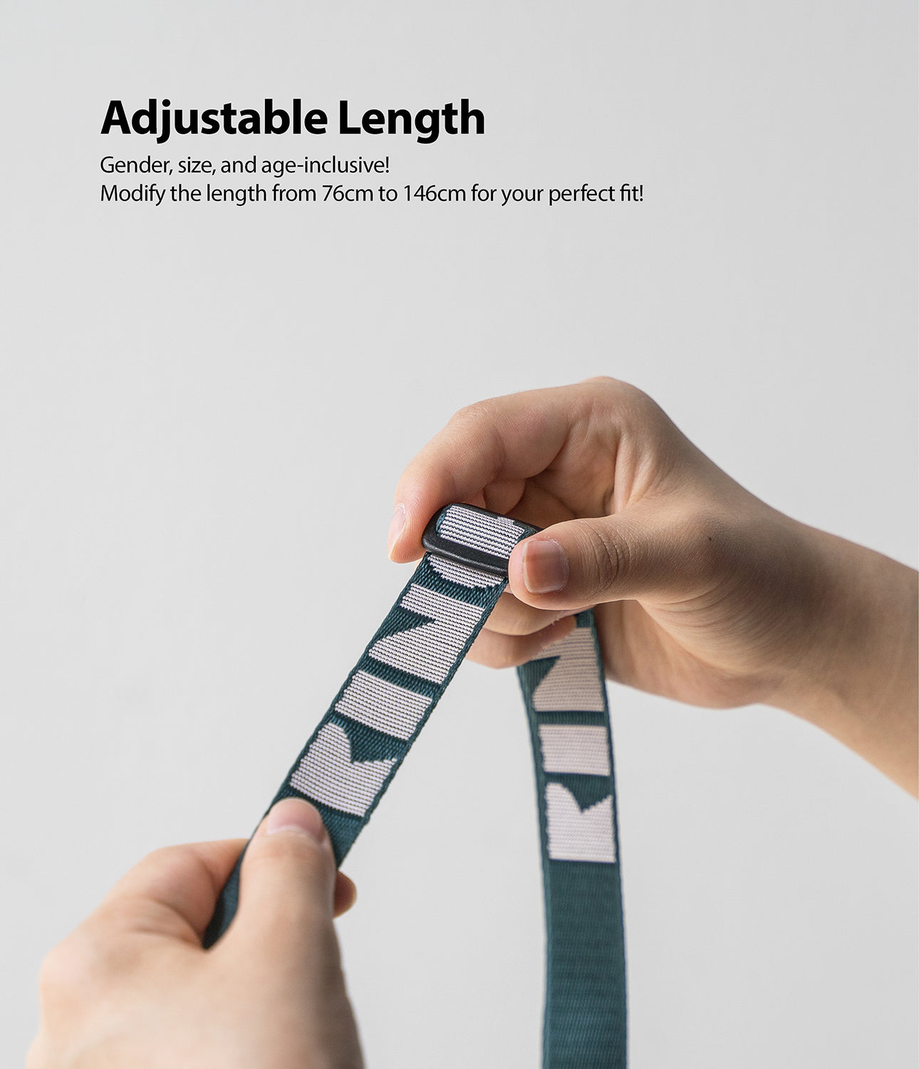 Shoulder Strap | Lettering - Hands adjusting the length of a dark green strap featuring white Ringke brand lettering.