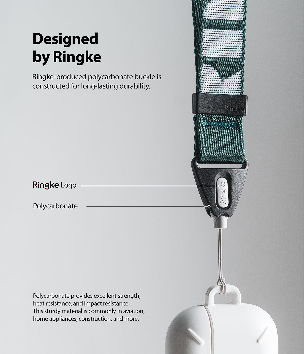 Shoulder Strap | Lettering - Close-up of a green Ringke shoulder strap with a durable polycarbonate buckle and logo.