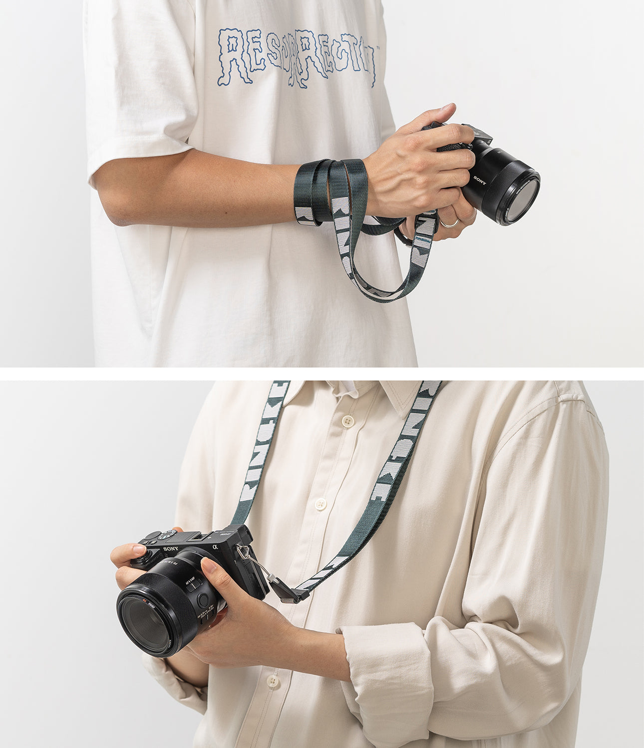 Shoulder Strap | Lettering - Person wearing a camera strap with Ringke branding wrapped around their wrist and worn around the neck.