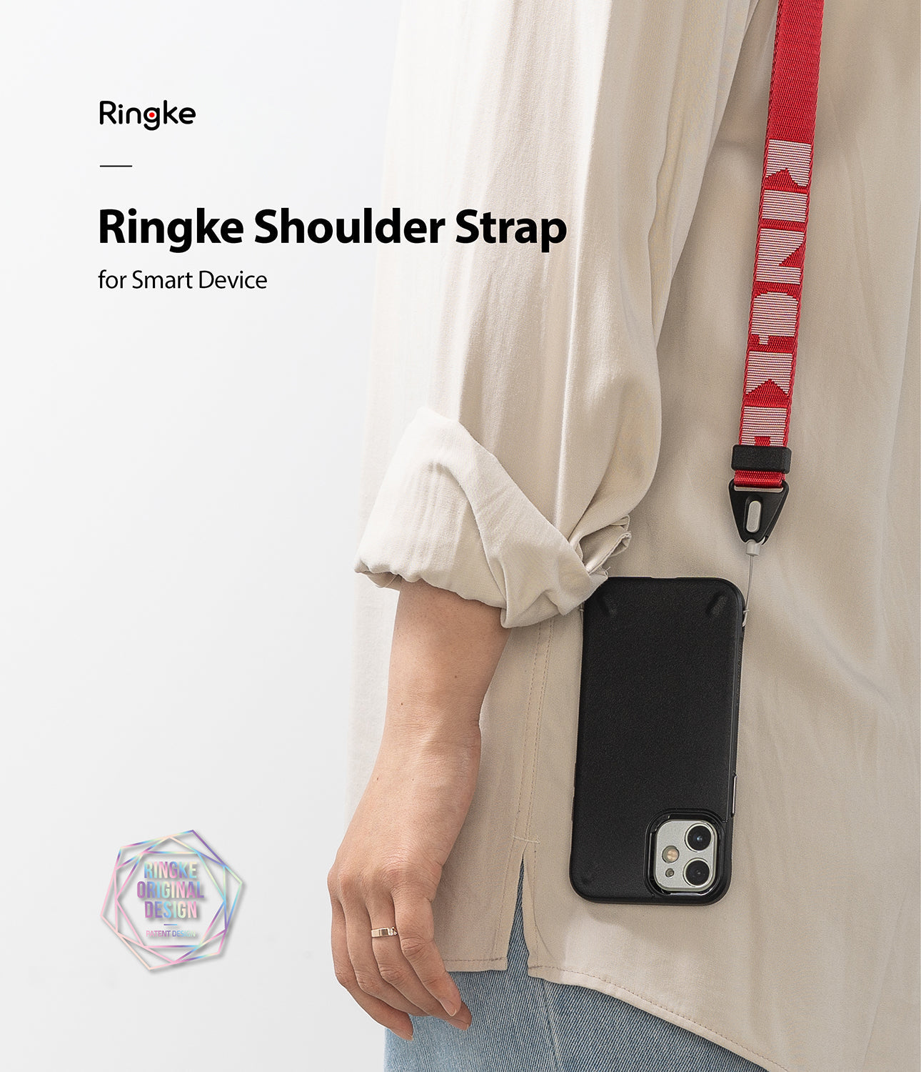 Shoulder Strap | Lettering - Person wearing a black phone case on a red strap with white Ringke lettering.
