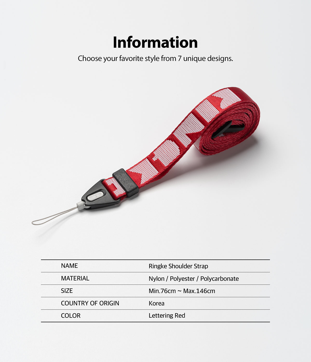Shoulder Strap | Lettering - Red Ringke shoulder strap with white lettering, black plastic hardware, and a thin loop connector.
