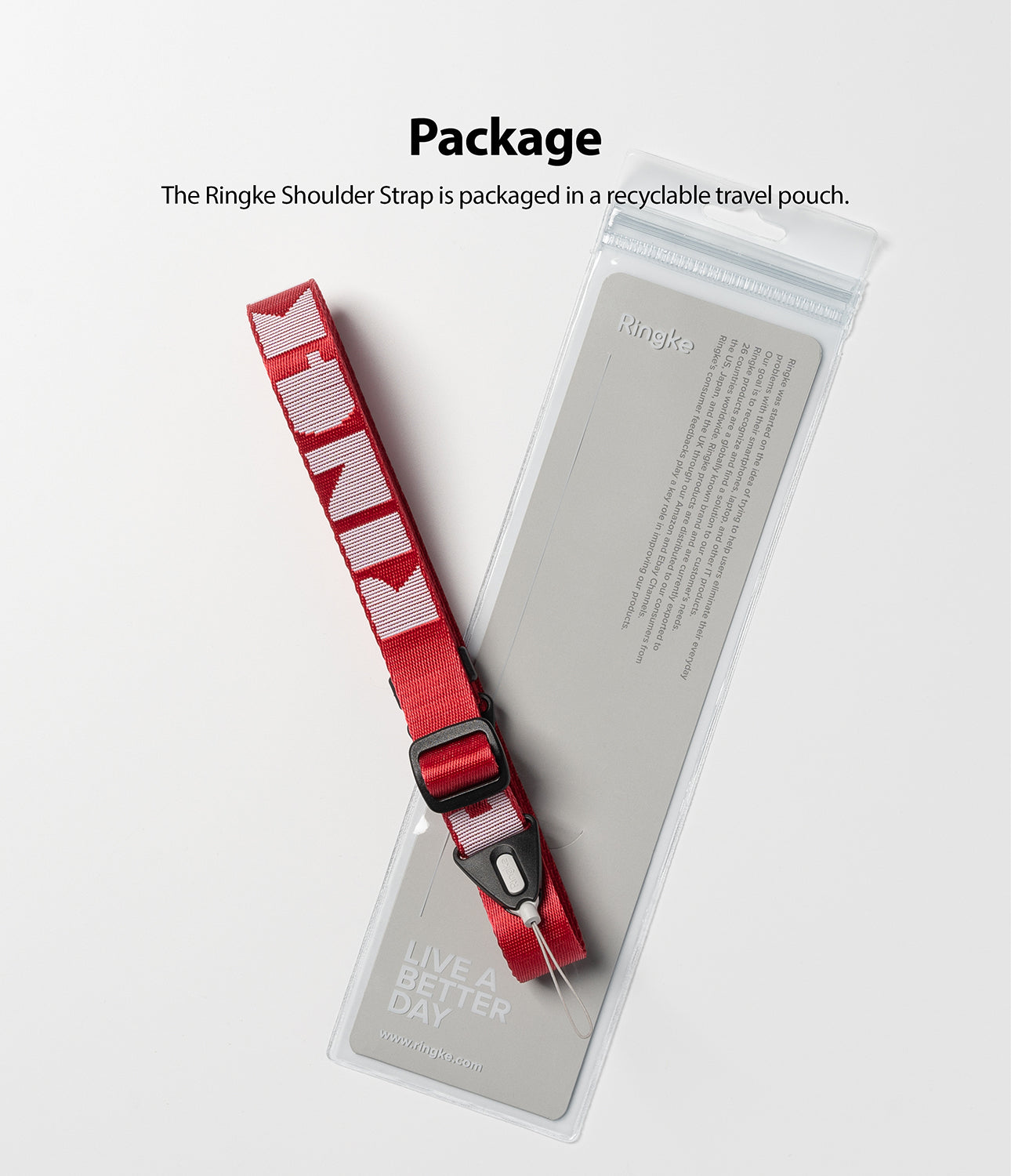 Shoulder Strap | Lettering - Red Ringke shoulder strap with white lettering resting on its clear, recyclable product packaging.