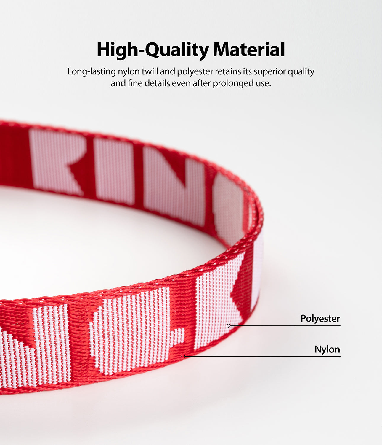 Shoulder Strap | Lettering - Red and white woven nylon and polyester strap with bold lettering and material labels.