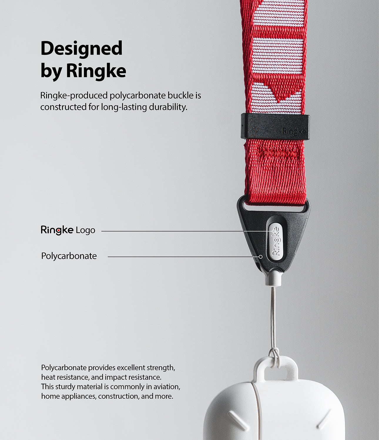 Shoulder Strap | Lettering - Red strap with black polycarbonate buckle featuring Ringke branding and durable construction details.