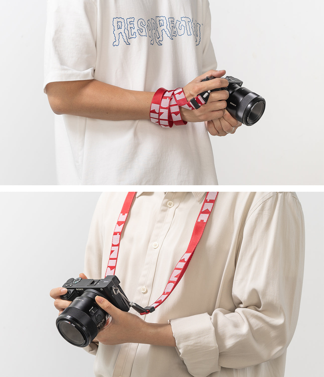 Shoulder Strap | Lettering - Person wearing a red camera strap with white Ringke lettering, shown wrapped around wrist and neck.