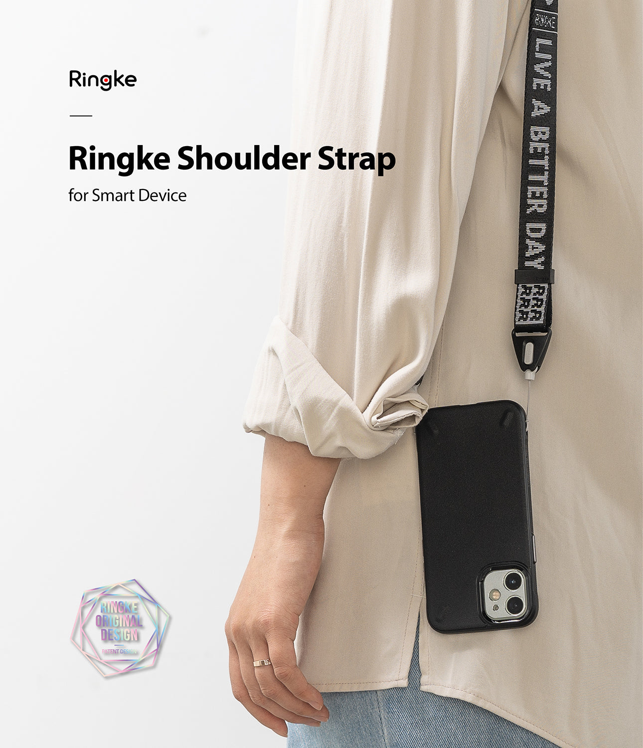 Shoulder Strap | Lettering - Person wearing a black phone shoulder strap with white text reading LIVE A BETTER DAY.