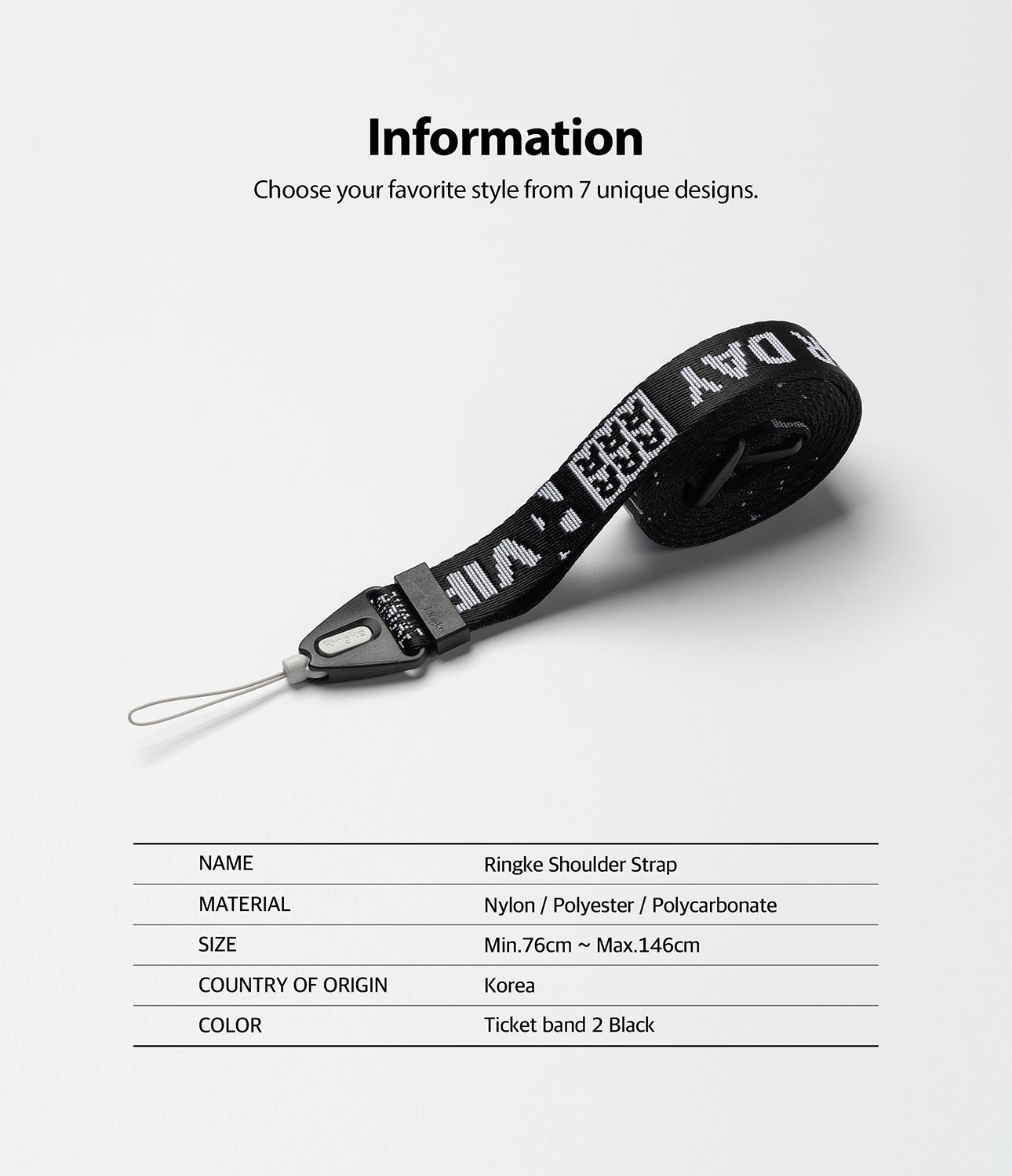 Shoulder Strap | Lettering - Black coiled strap with white text, a plastic connector, and a loop, with product specifications below.
