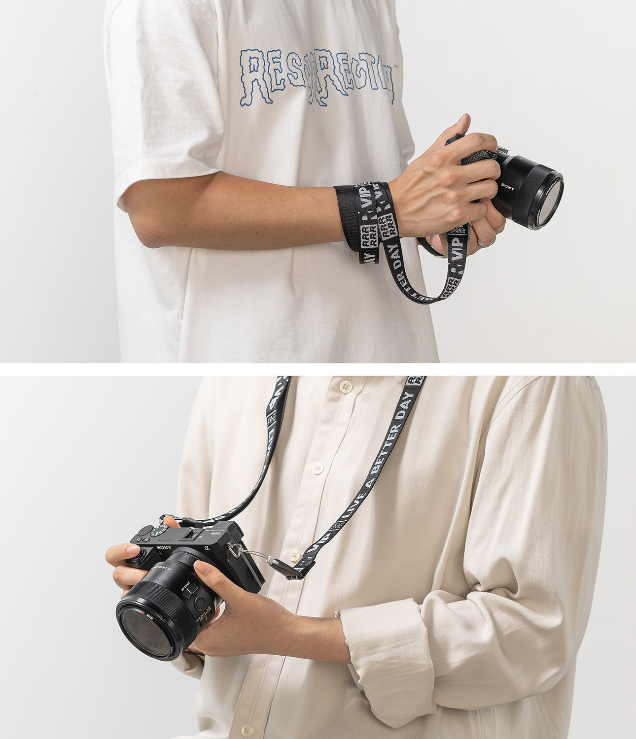 Shoulder Strap | Lettering - Person wearing a black camera strap with white text wrapped around their wrist and worn around the neck.