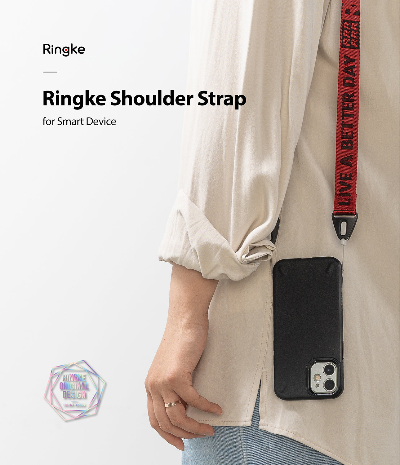 Shoulder Strap | Lettering - Person wearing a red phone strap with the text LIVE A BETTER DAY attached to a black phone case.