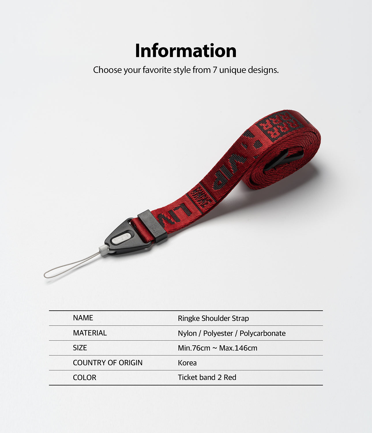 Shoulder Strap | Lettering - Red nylon strap with black lettering, black plastic hardware, and a thin loop connector.