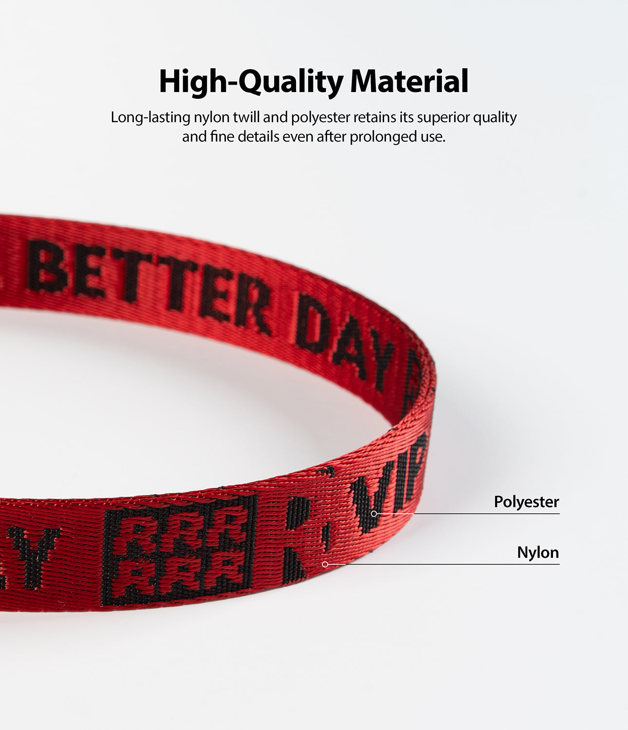 Shoulder Strap | Lettering - Red nylon strap with black "BETTER DAY" text and RRR logo, showing material composition.
