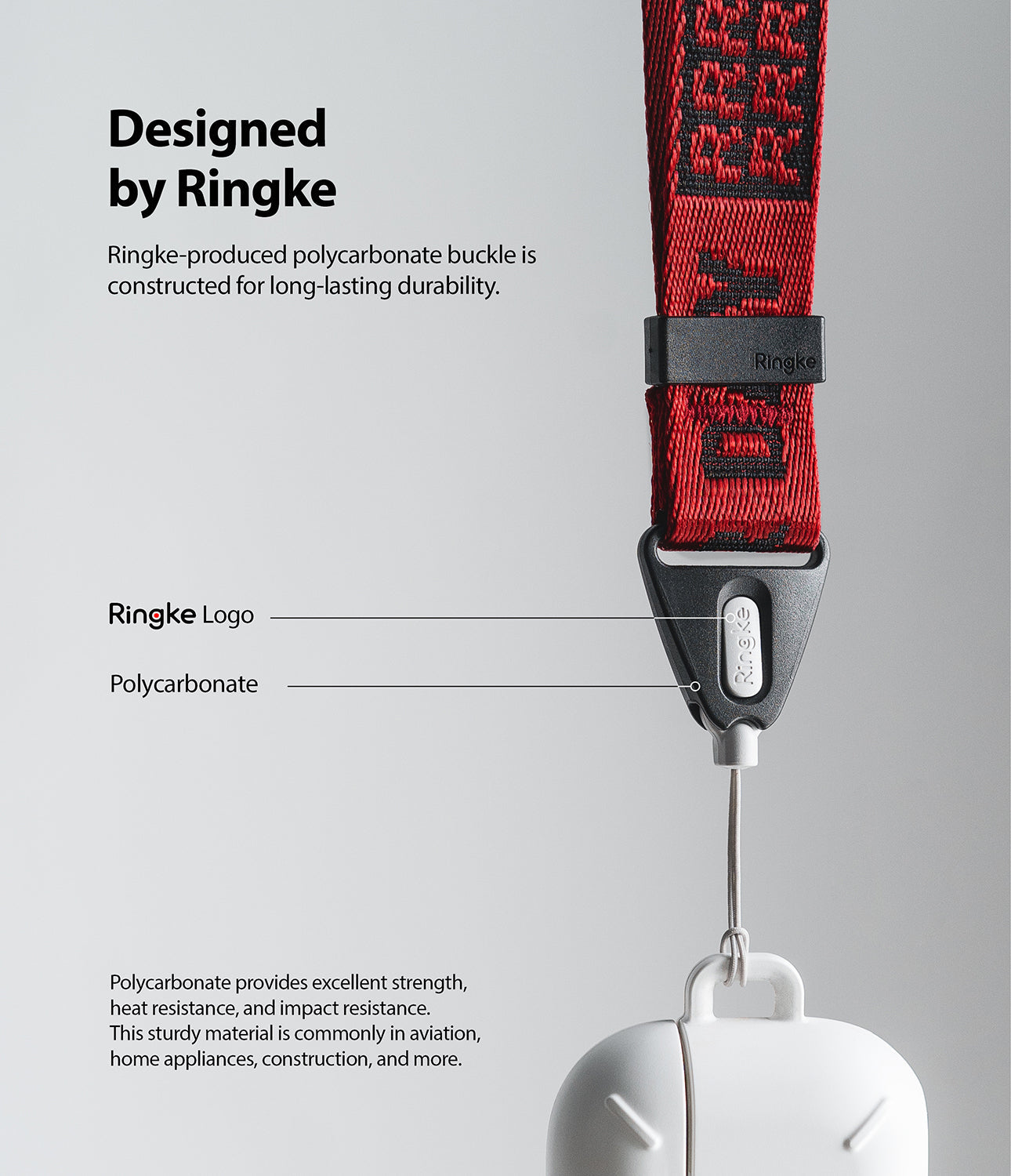 Shoulder Strap | Lettering - Red strap with black lettering attached to a durable polycarbonate buckle and white case.