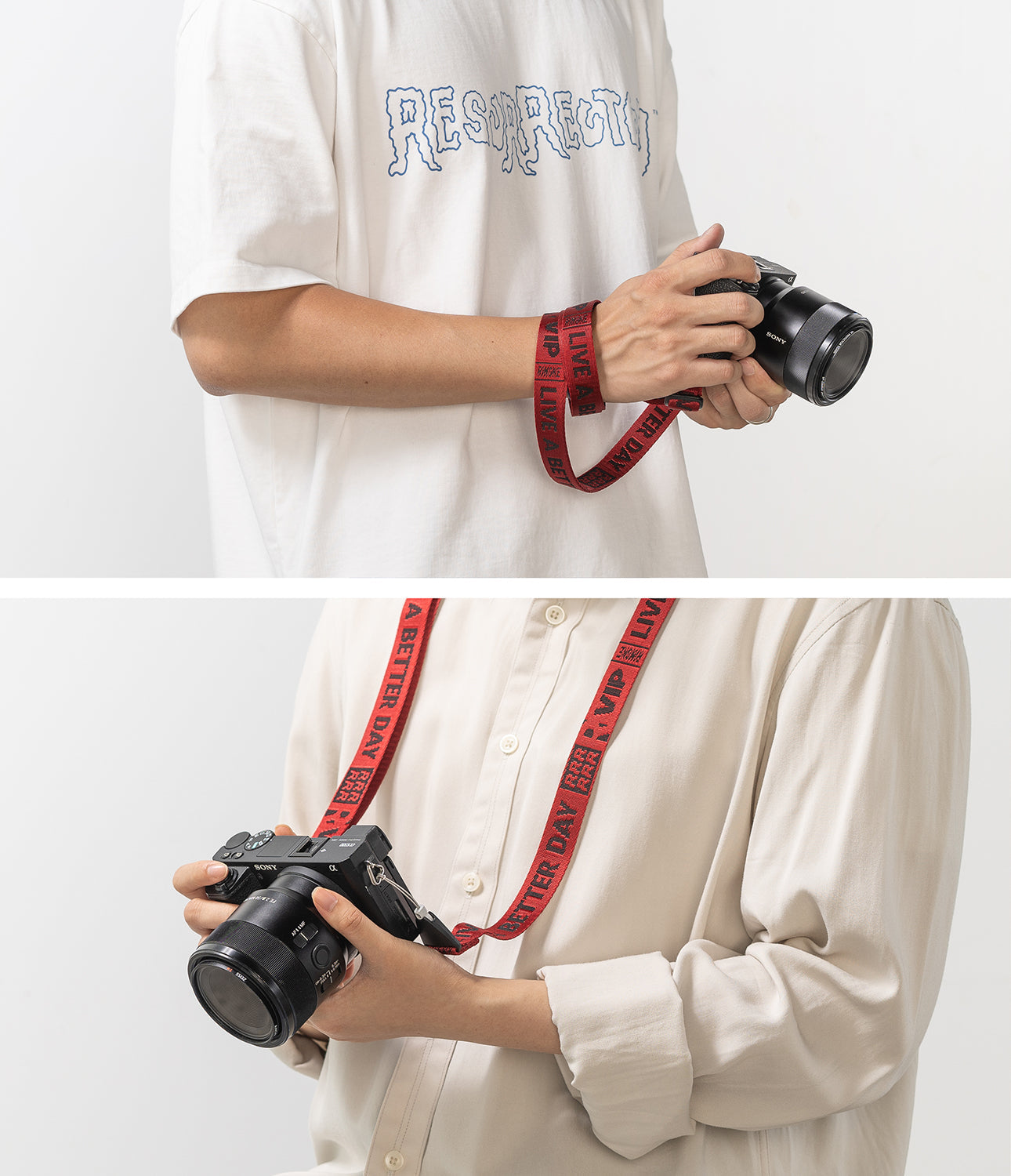 Shoulder Strap | Lettering - Red camera strap with black text worn around the wrist and neck with a Sony camera.
