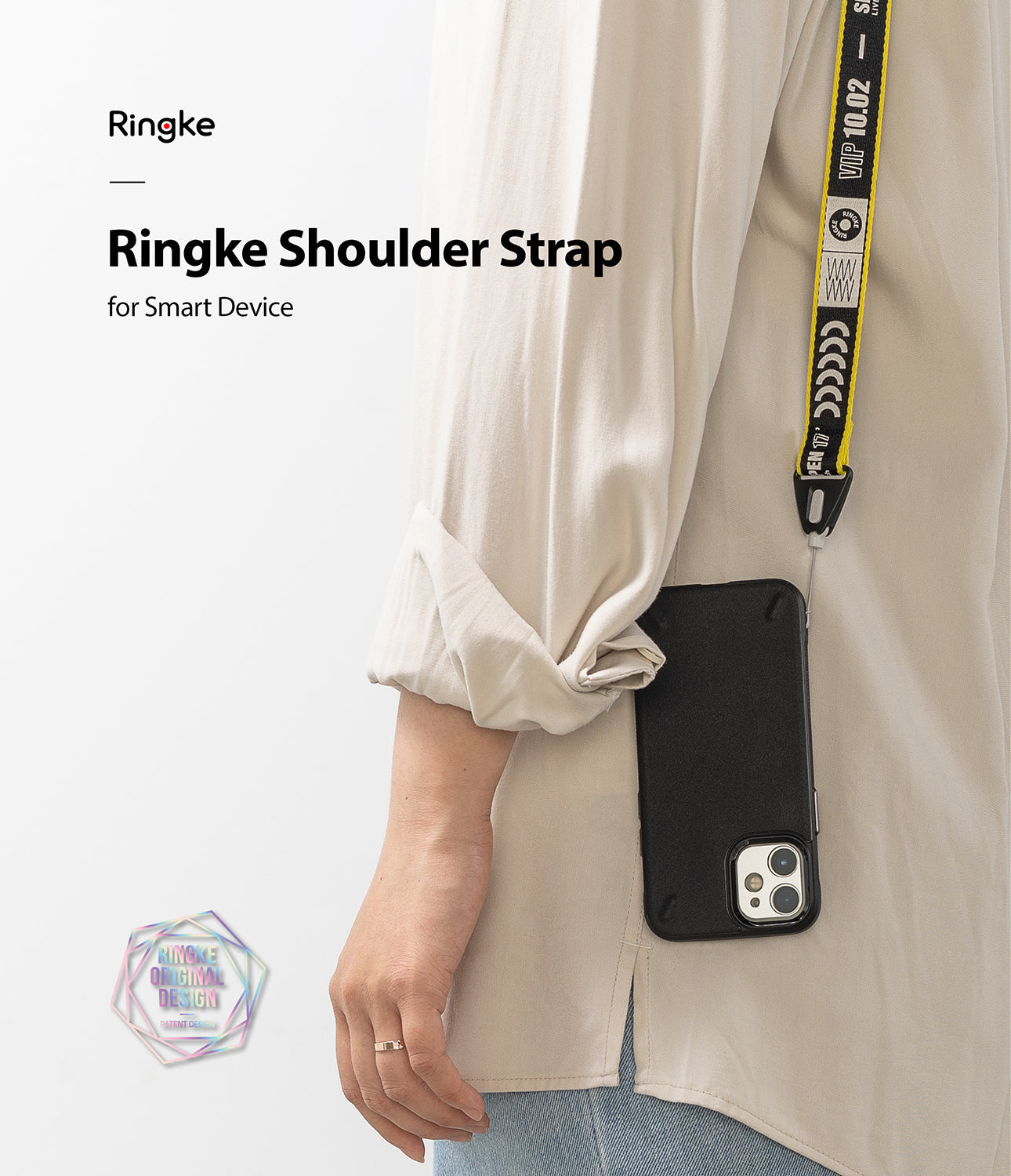Shoulder Strap | Lettering - Person wearing a black phone case on a yellow and black branded shoulder strap with white lettering.