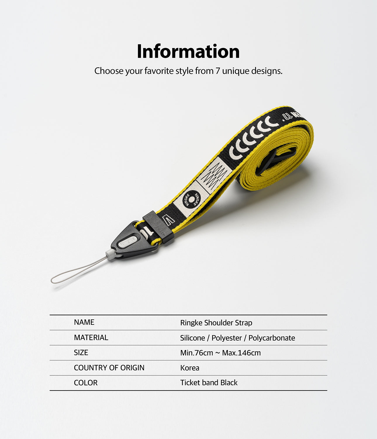 Shoulder Strap | Lettering - A coiled yellow and black patterned shoulder strap with a black plastic connector and loop.