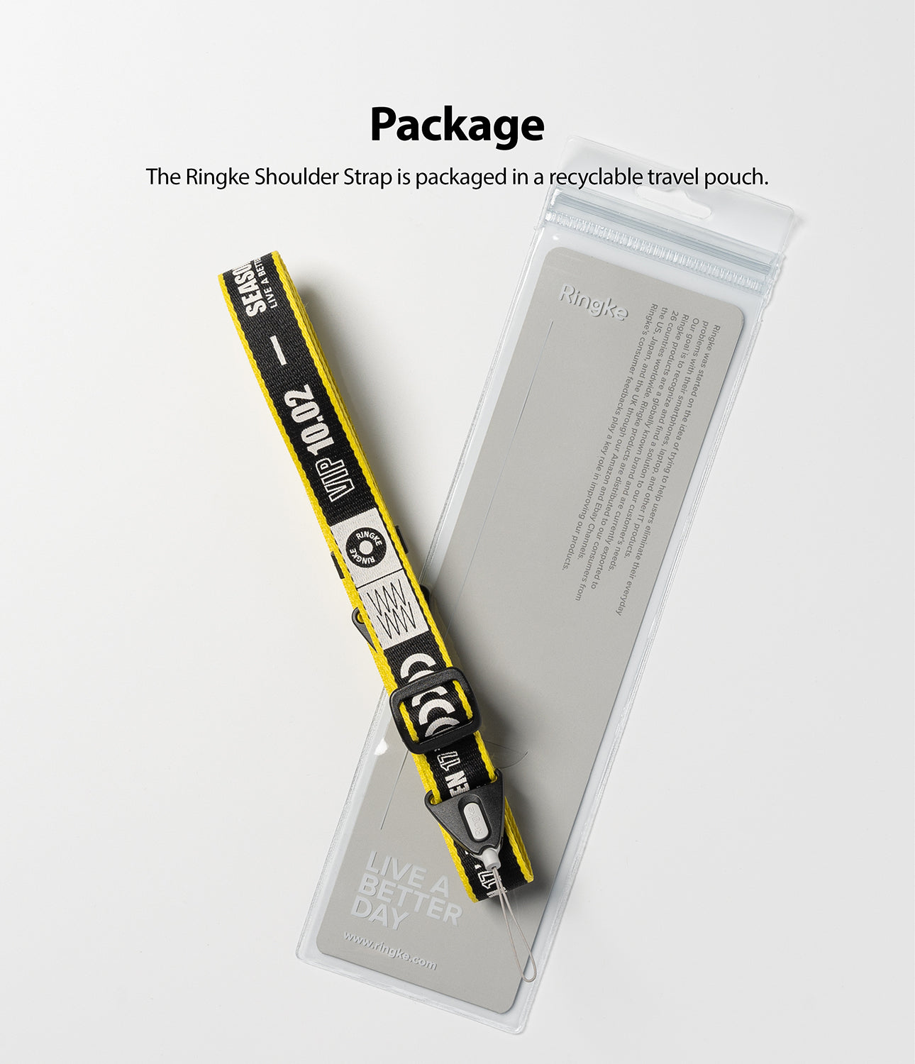 Shoulder Strap | Lettering - Yellow and black branded shoulder strap resting on a clear, recyclable product packaging pouch.