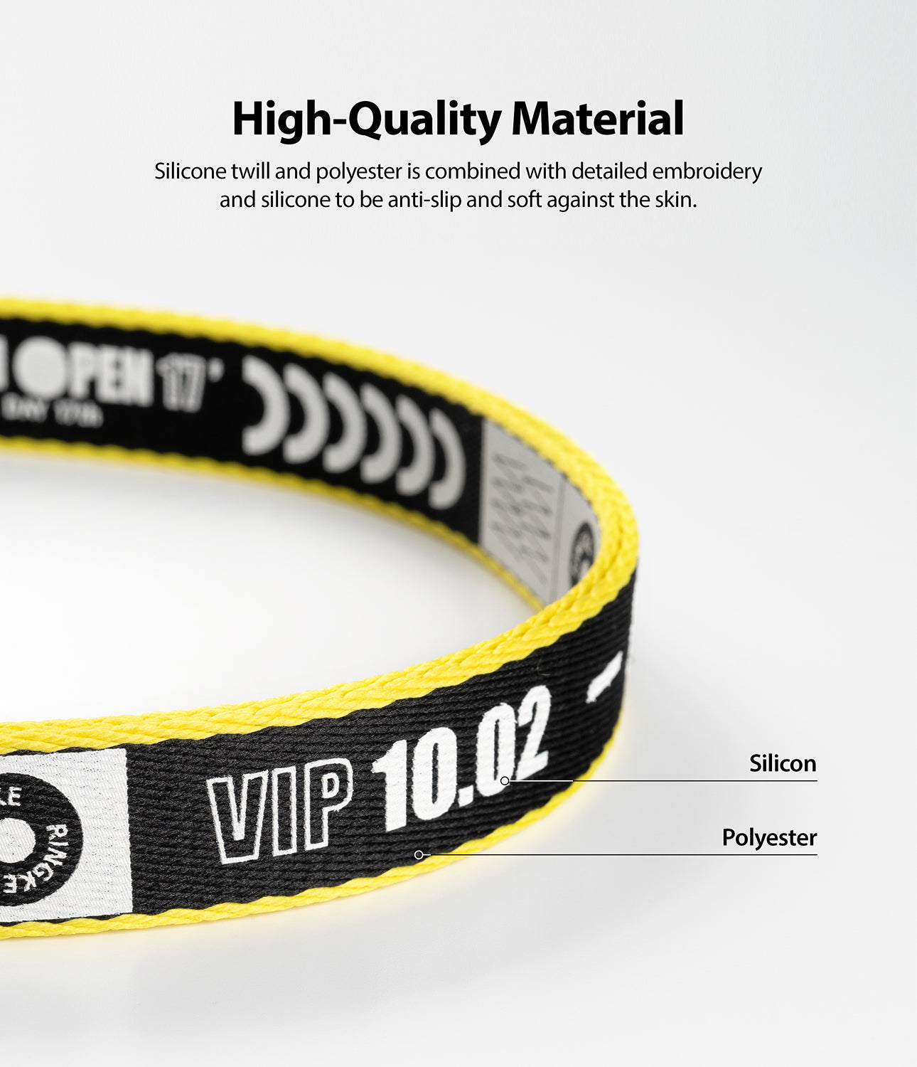 Shoulder Strap | Lettering - Black and yellow strap with white "VIP 10.02" text, highlighting silicone and polyester materials.