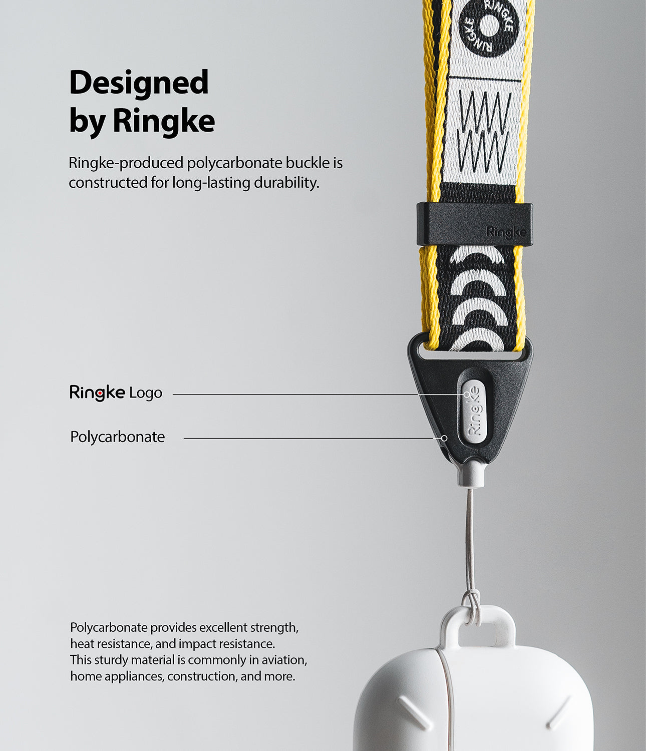 Shoulder Strap | Lettering - Yellow and black patterned strap with a durable polycarbonate buckle and Ringke branding.