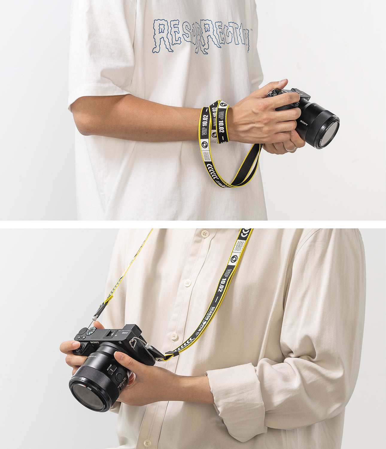 Shoulder Strap | Lettering - Person wearing a black and yellow camera strap with white text wrapped around wrist and neck.