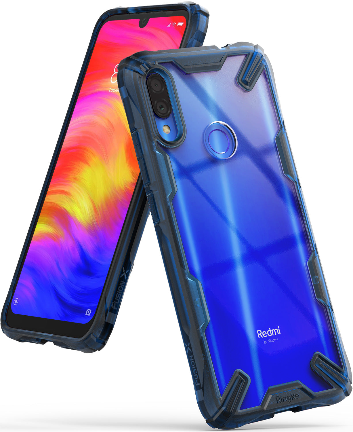 Redmi Note 7 / 7 Pro Case | Fusion-X - Blue rugged transparent phone case with reinforced corners and camera cutout.