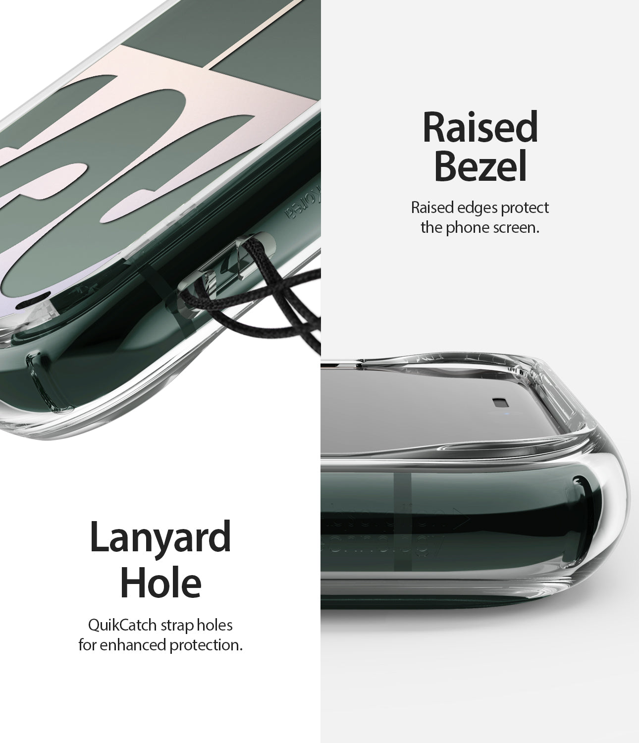 rasied bezel to protect the phone screen & camera / lanyard hole on the side to attach additional accessories