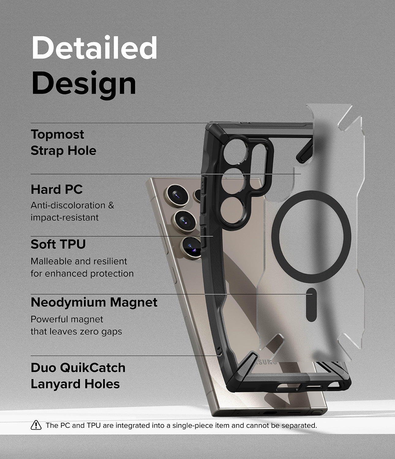 Galaxy S24 Ultra Case | Fusion-X Magnetic Matte - Detailed Design. Topmost Strap Hole. Anti-discoloration and impact-resistant with Hard PC. Malleable and resilient for enhanced protection with Soft TPU. Powerful neodymium magnet that leaves zero gaps. Duo QuikCatch Lanyard Holes