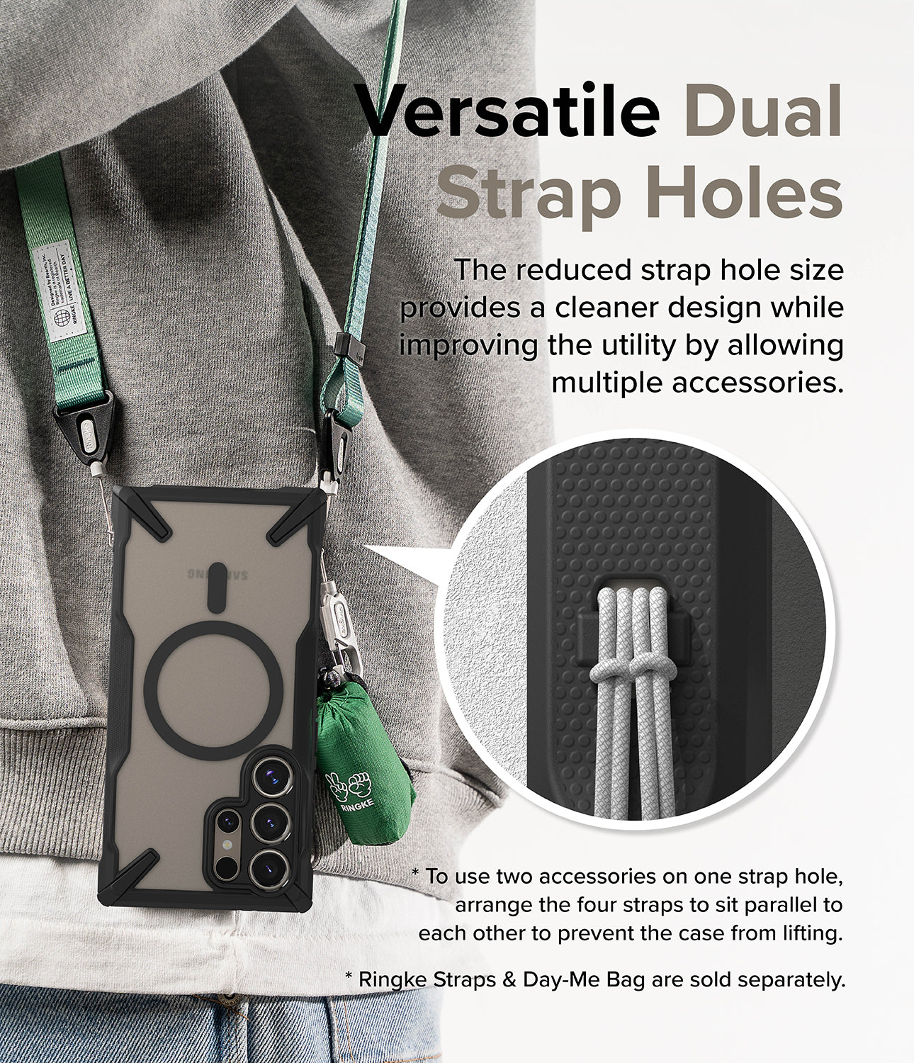 Galaxy S24 Ultra Case | Fusion-X Magnetic Matte - Versatile Dual Strap Holes. The reduced strap hole size provides a cleaner design while improving the utility by allowing multiple accessories.