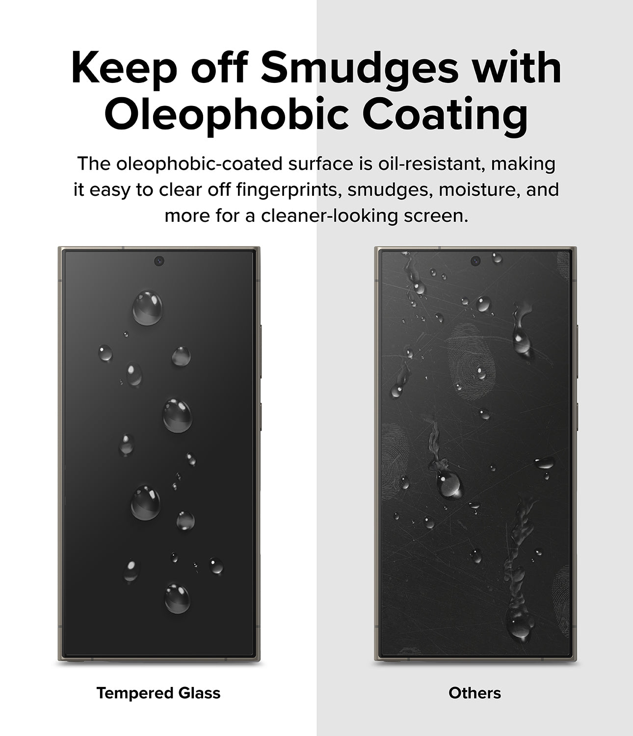 Galaxy S24 Ultra Screen Protector | Easy Slide Tempered Glass - Keep off Smudges with Oleophobic Coating. The oleophobic-coated surface is oil-resistant, making it easy to clear off fingerprint, smudges, moisture, and more for a cleaner-looking screen.