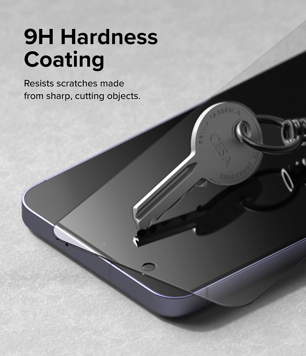 Galaxy S24 Plus Screen Protector | Easy Slide Tempered Glass - 9H Hardness Coating. Resists scratches made from sharp, cutting objects.