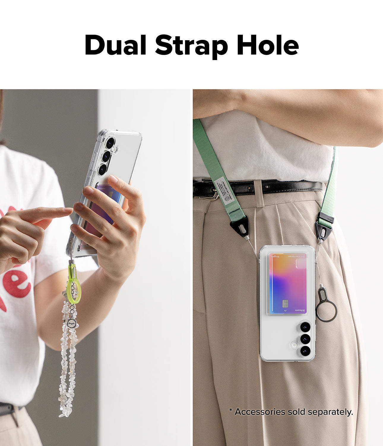 Phone case with dual strap hole feature, held by a person and worn on a lanyard strap.
